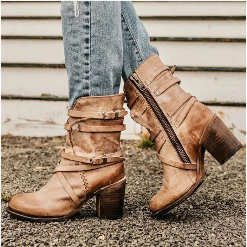 KIMLUD, Fashion Punk Gothic Style Buckle Strap Round Toe Boots Women Shoes Zipper Boots Street haulage motor mujer zapatos 2019, khaki / 9, KIMLUD APPAREL - Womens Clothes