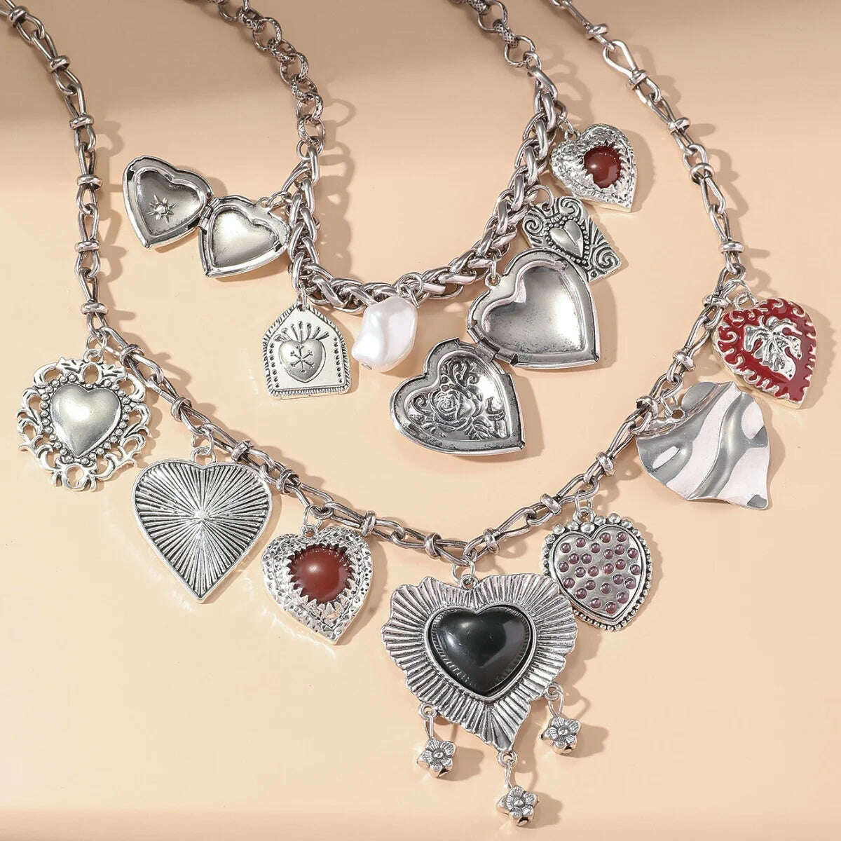 KIMLUD, Fashion Punk Metal Heart Pendant Necklaces for Women Vintage Double Layered Choker Chain Necklaces Luxury Party Jewelry Gifts, KIMLUD Womens Clothes