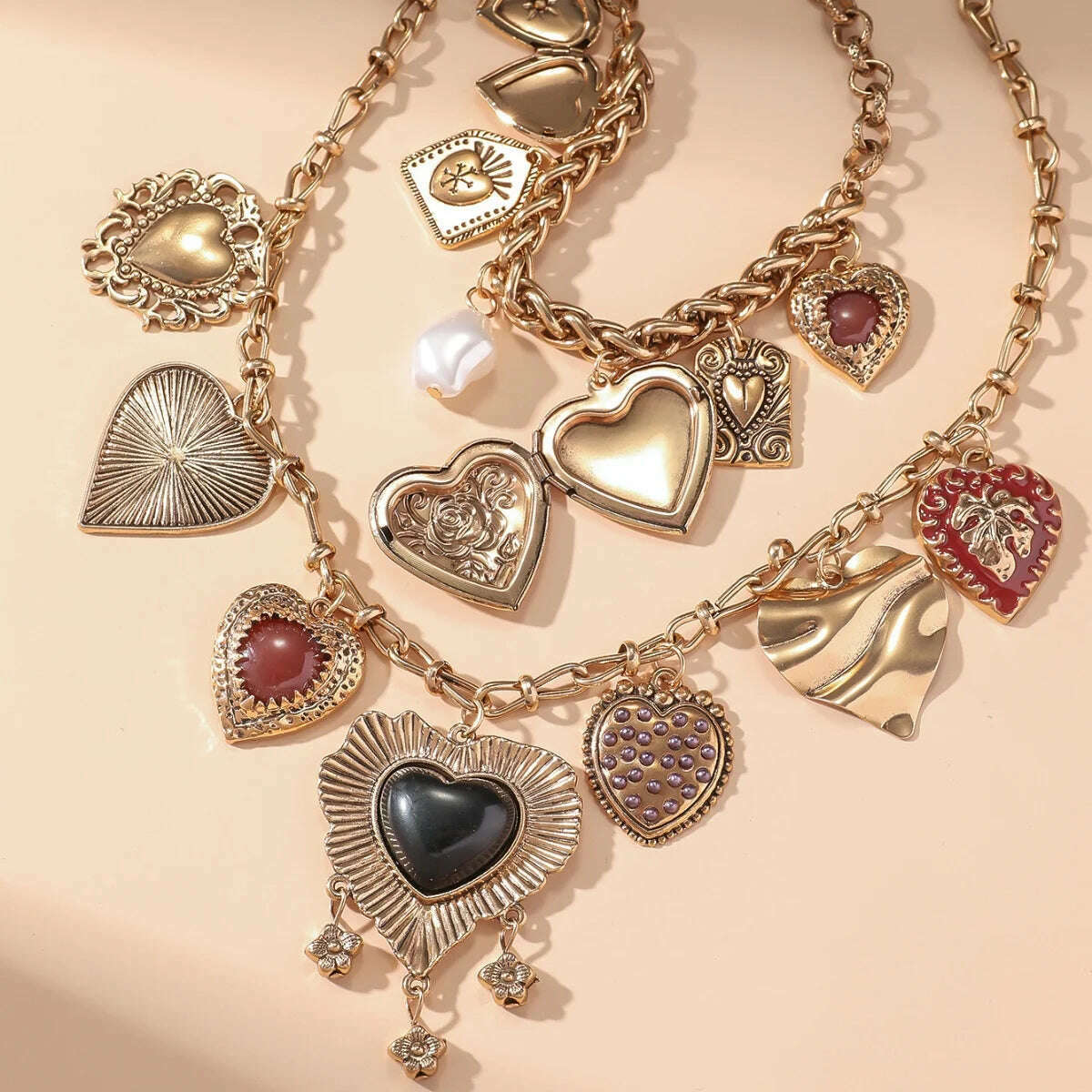 KIMLUD, Fashion Punk Metal Heart Pendant Necklaces for Women Vintage Double Layered Choker Chain Necklaces Luxury Party Jewelry Gifts, KIMLUD Womens Clothes