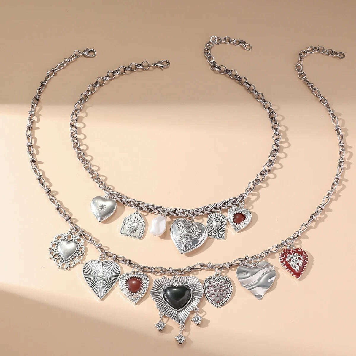KIMLUD, Fashion Punk Metal Heart Pendant Necklaces for Women Vintage Double Layered Choker Chain Necklaces Luxury Party Jewelry Gifts, KIMLUD Womens Clothes