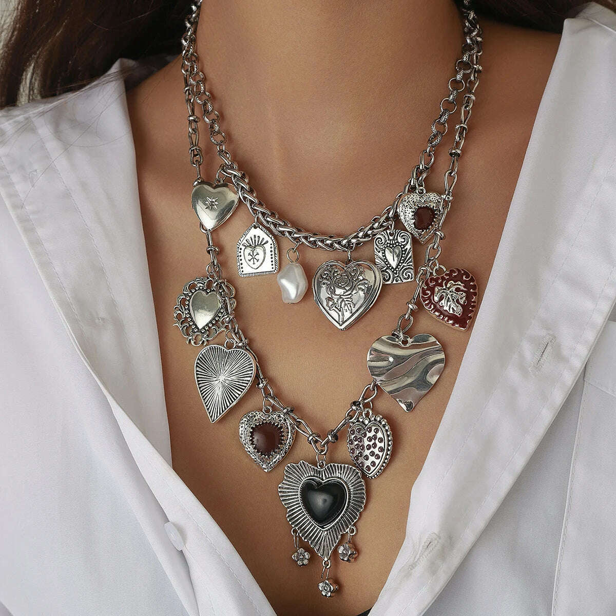 KIMLUD, Fashion Punk Metal Heart Pendant Necklaces for Women Vintage Double Layered Choker Chain Necklaces Luxury Party Jewelry Gifts, KIMLUD Womens Clothes