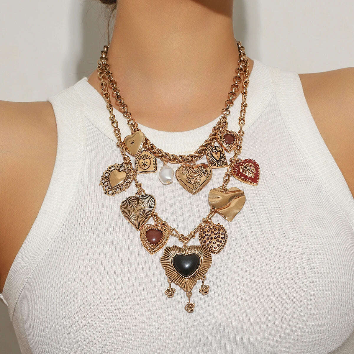 KIMLUD, Fashion Punk Metal Heart Pendant Necklaces for Women Vintage Double Layered Choker Chain Necklaces Luxury Party Jewelry Gifts, Gold Color, KIMLUD APPAREL - Womens Clothes