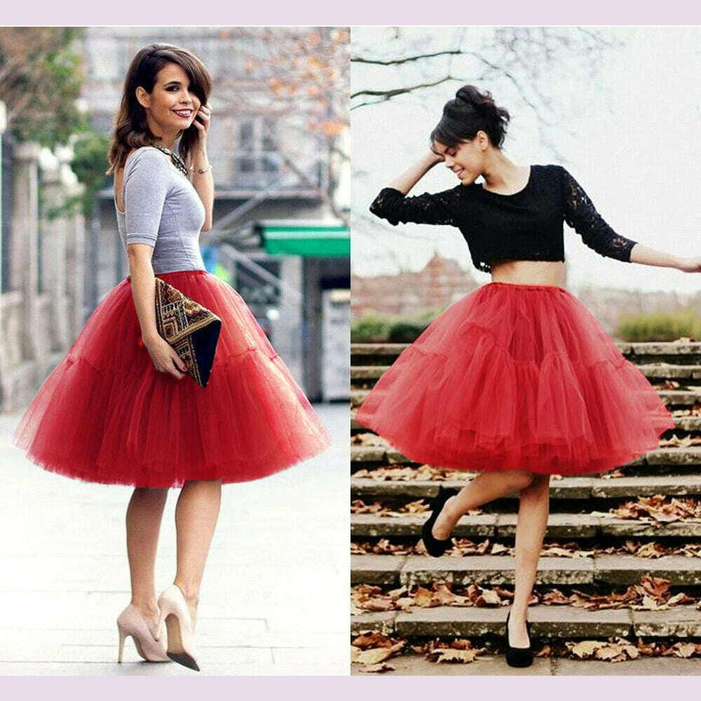 KIMLUD, Fashion Red Multi-Layers Tulle Skirts Women Elastic Waist Puffy Knee Length Tutu Petticoat Lolita Cosplay Underskirt Jupons, KIMLUD Womens Clothes