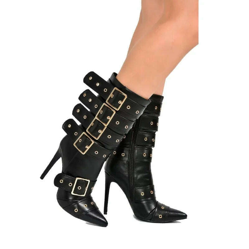 KIMLUD, Fashion Runway Belt Buckle Pointed Golden Black Mid-calf Boots 2023 New European American Slim High Heels Women's Shoes Size 43, KIMLUD Womens Clothes