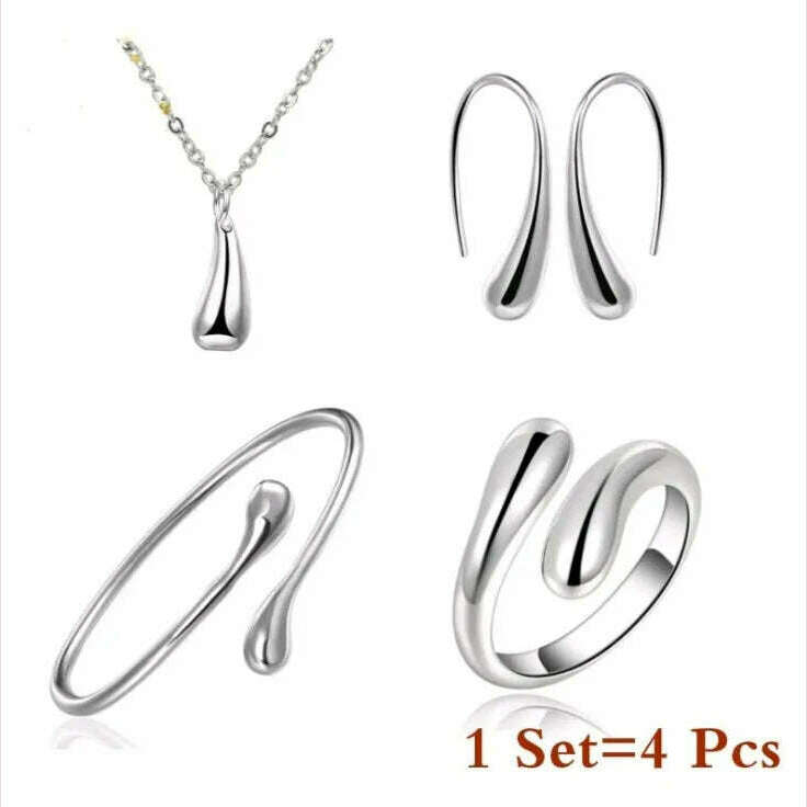 Fashion S925 Silver Needle Earrings Ring Bracelet Set Simple Personality Womens Water Drop Four-piece Jewelry Set for Women Gift - KIMLUD