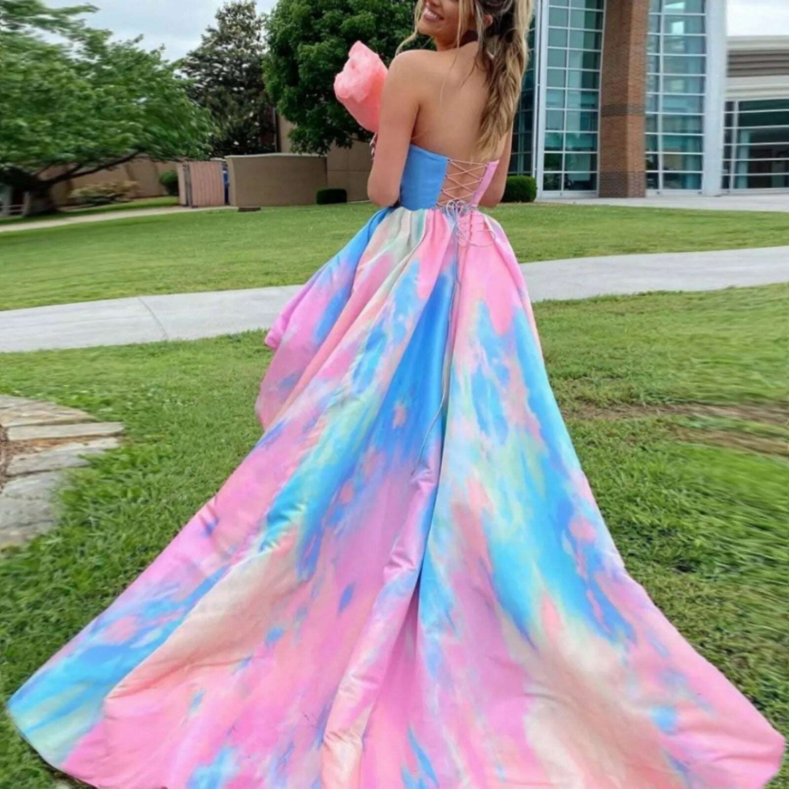 Fashion Sexy Girls Birthday Dress Rainbow Frock Pleated Backless Lace Up Strapless Maxi Party Evening Dress Cocktail Femme Robe - KIMLUD