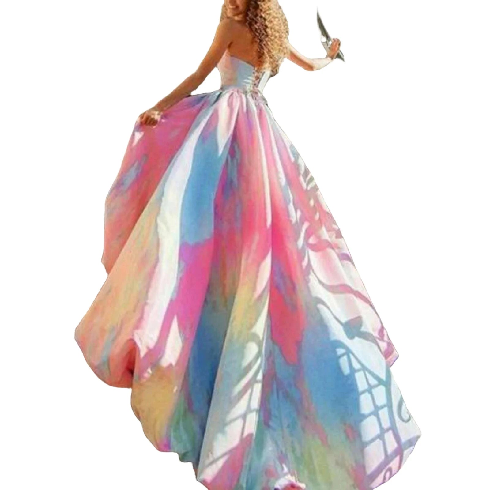 Fashion Sexy Girls Birthday Dress Rainbow Frock Pleated Backless Lace Up Strapless Maxi Party Evening Dress Cocktail Femme Robe - KIMLUD