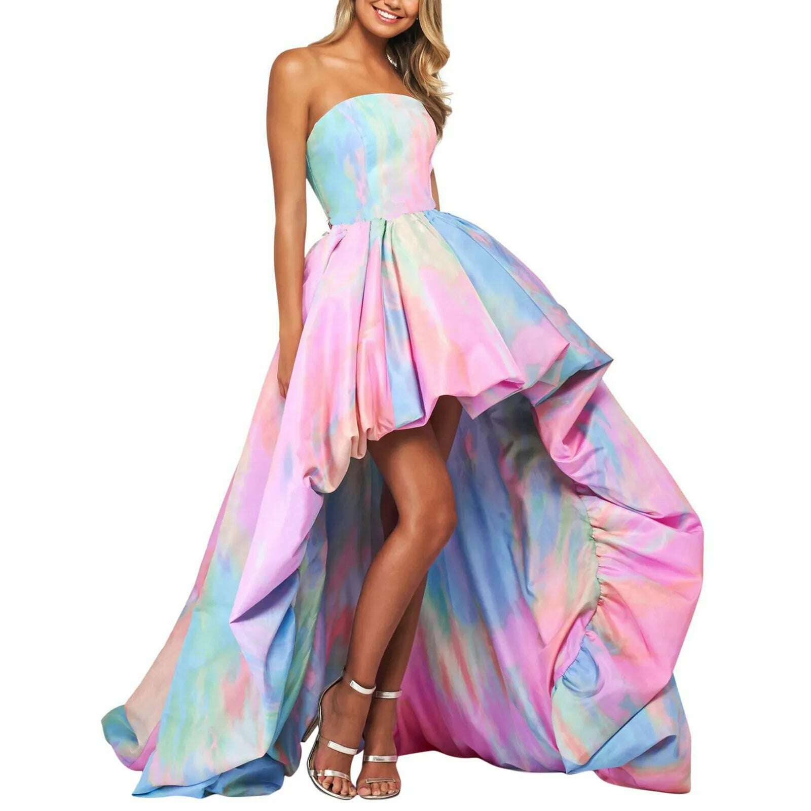 Fashion Sexy Girls Birthday Dress Rainbow Frock Pleated Backless Lace Up Strapless Maxi Party Evening Dress Cocktail Femme Robe - KIMLUD