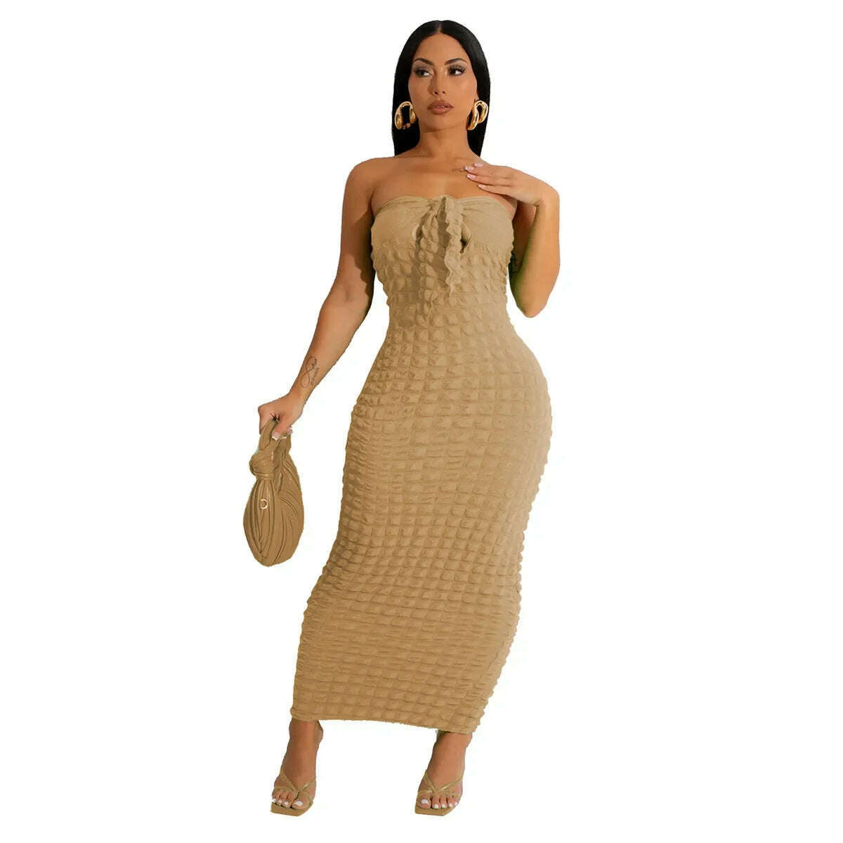 KIMLUD, Fashion Sexy Slim Fit Bubble Cloth Sleeveless Dress Woman Hollow Out Bodycon 2023 Summer Night Club Party Beach Wear Colth, apricot / XXL, KIMLUD APPAREL - Womens Clothes