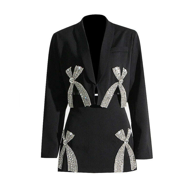 KIMLUD, Fashion Sexy Spice Girl Suit Women's 2023 Autumn New Luxury Rhinestone Bow Blazer Coat+Short Skirt Elegant Commuter 2-Piece Set, Suit / S, KIMLUD APPAREL - Womens Clothes