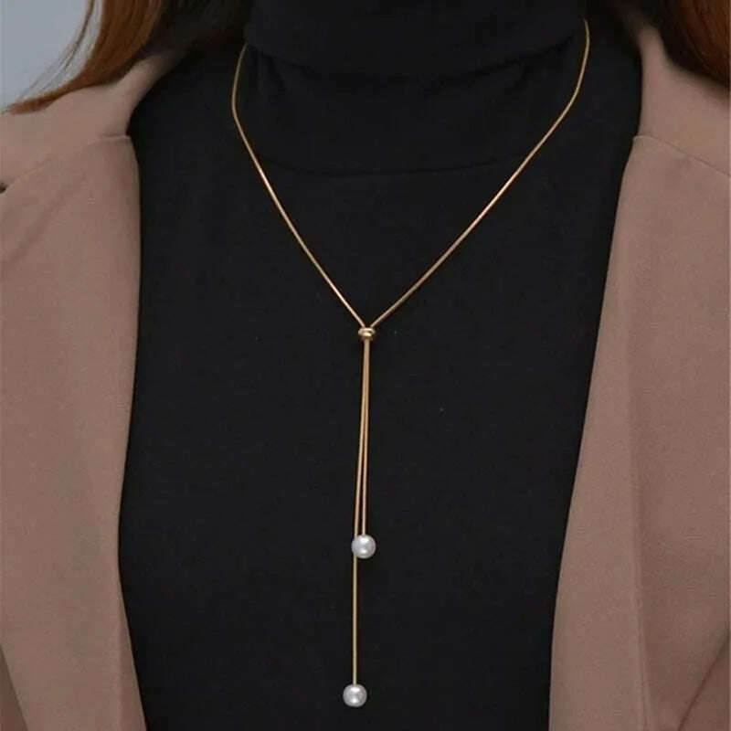 Fashion Silver Color Long Tassel Pull Pearl Pendant Necklaces for Women Simple Adjustable Clavicle Chain Choker Jewelry Gift - KIMLUD