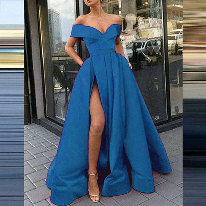 KIMLUD, Fashion Solid Strapless Backless Maxi Dress New Women Elegant High Slit Party Dress Summer Fluffy Ruffle A-Line Dresses Clubwear, 12 Blue / L, KIMLUD APPAREL - Womens Clothes