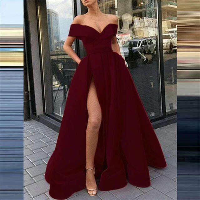 KIMLUD, Fashion Solid Strapless Backless Maxi Dress New Women Elegant High Slit Party Dress Summer Fluffy Ruffle A-Line Dresses Clubwear, 05 Wine Red / S, KIMLUD APPAREL - Womens Clothes