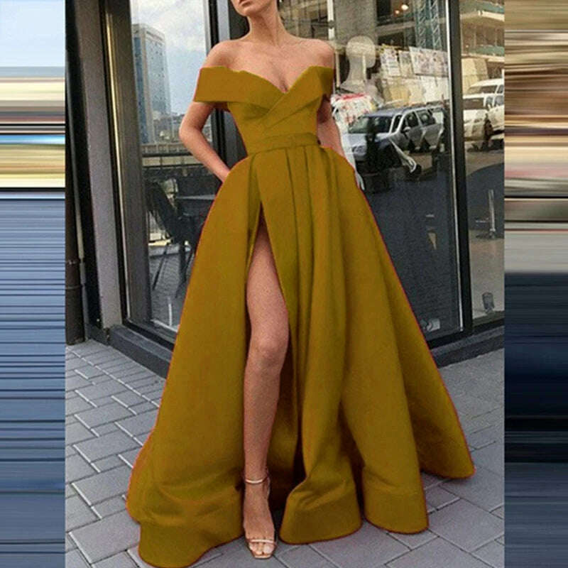 KIMLUD, Fashion Solid Strapless Backless Maxi Dress New Women Elegant High Slit Party Dress Summer Fluffy Ruffle A-Line Dresses Clubwear, 07 Turmeric / S, KIMLUD APPAREL - Womens Clothes