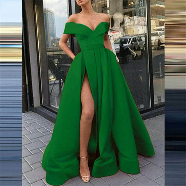 KIMLUD, Fashion Solid Strapless Backless Maxi Dress New Women Elegant High Slit Party Dress Summer Fluffy Ruffle A-Line Dresses Clubwear, 08 Green / L, KIMLUD APPAREL - Womens Clothes