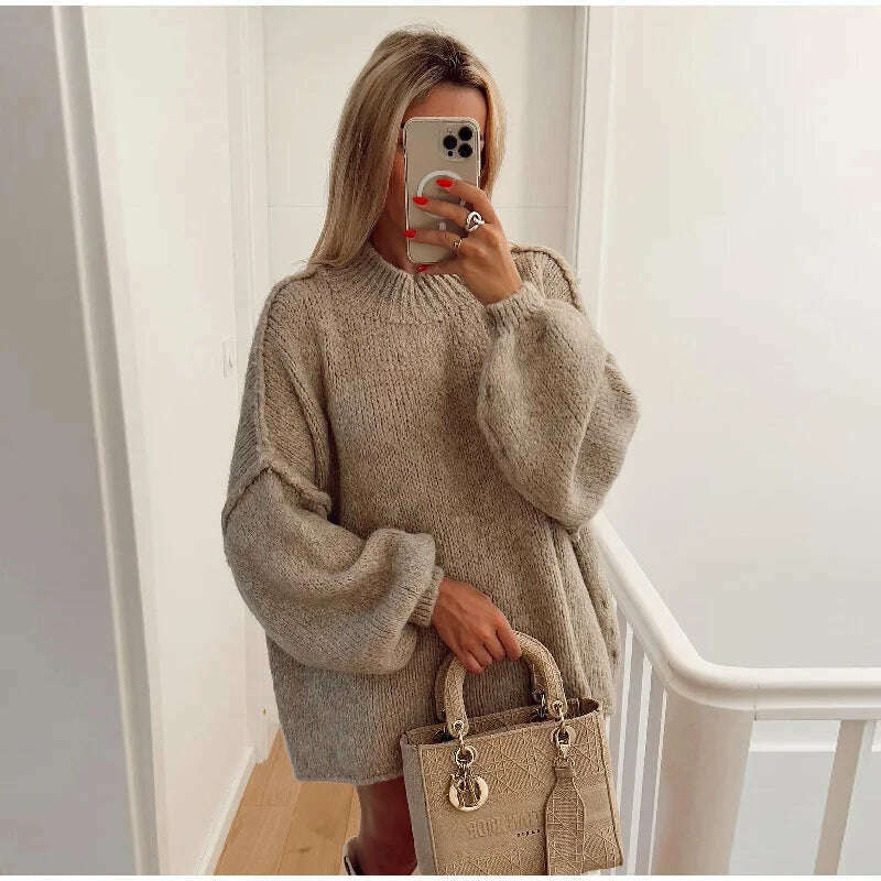 KIMLUD, Fashion Solid Sweater For Women Loose Long Lantern Sleeve O-neck Female Knitted Pullover 2023 Autumn Thick High Street Lady Top, khaki / S, KIMLUD APPAREL - Womens Clothes