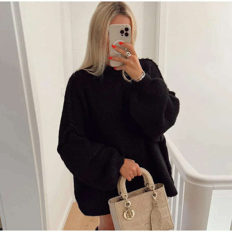 KIMLUD, Fashion Solid Sweater For Women Loose Long Lantern Sleeve O-neck Female Knitted Pullover 2023 Autumn Thick High Street Lady Top, black / S, KIMLUD APPAREL - Womens Clothes