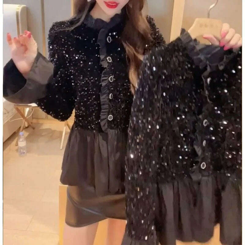 Fashion Splicing Sequin Jacket Women Single-breasted Plicated Long Sleeve Tops Female Spring Casual Solid Black Coat - KIMLUD