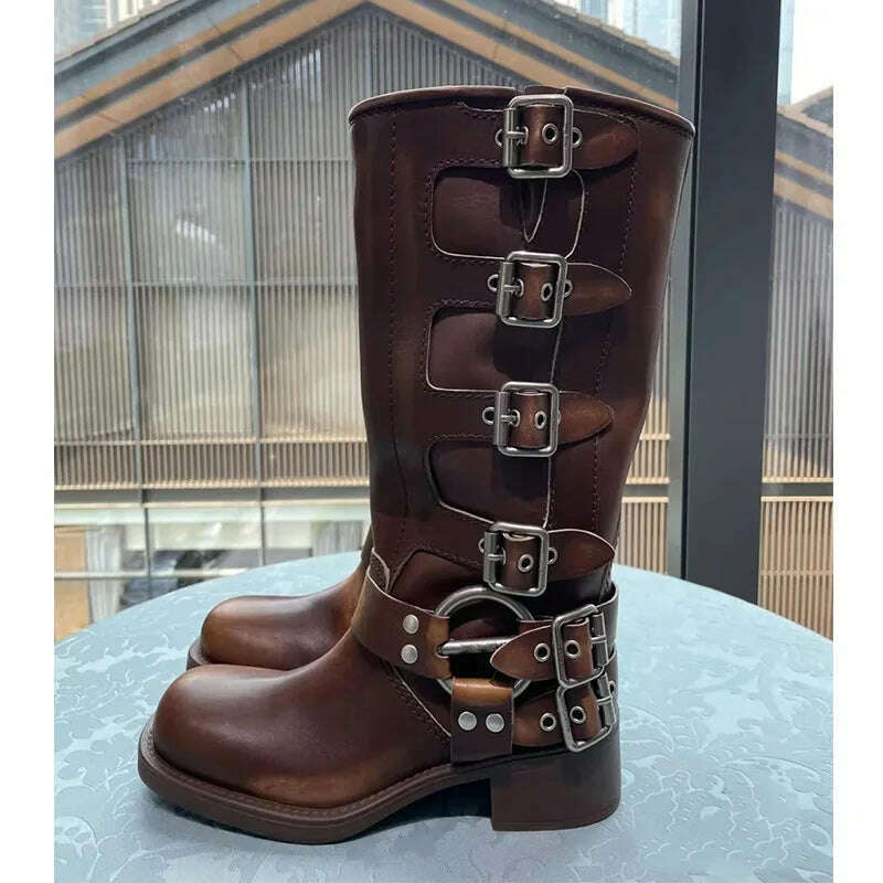 Fashion Spring Autum Women's metal belt buckle Leather Boots Ladies Slip on Ankle Mid Calf Boots Casual Non Slip Platform Shoes - KIMLUD