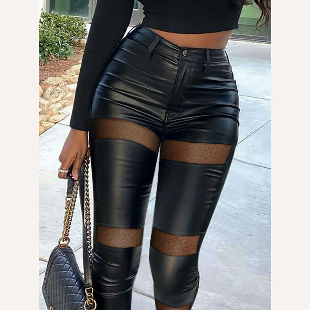 Fashion Spring Women Contrast Mesh PU Leather Skinny Pants 2022 Sexy Femme High Waist Buttoned Trousers Lady Club Clothing y2k - KIMLUD