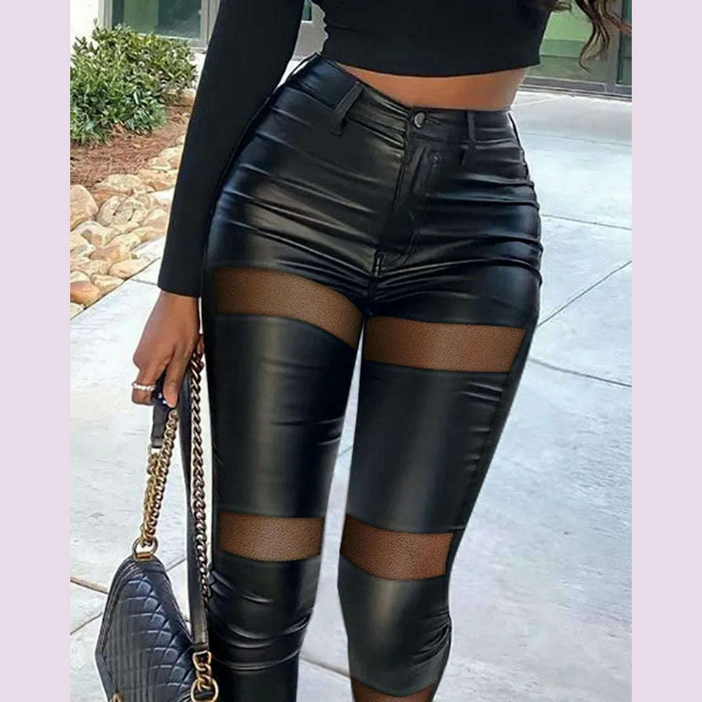 Fashion Spring Women Contrast Mesh PU Leather Skinny Pants Sexy Femme High Waist Buttoned Trousers Lady Club Clothing Y2k - KIMLUD