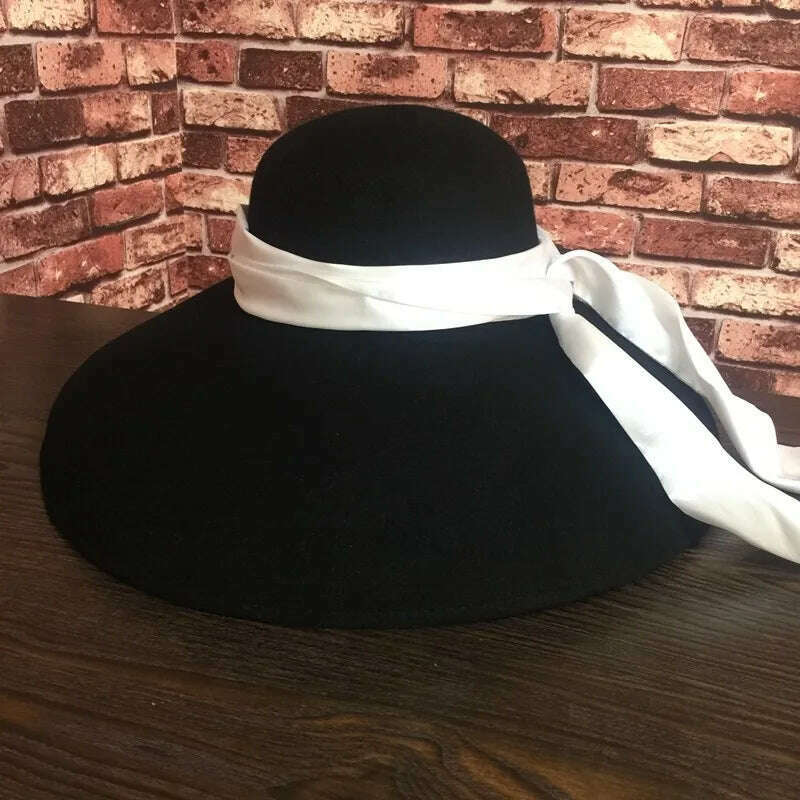 KIMLUD, fashion streetstyle black wide brim wool bucket hat female vintage big hat for women looks like Audrey Hepburn, KIMLUD Womens Clothes