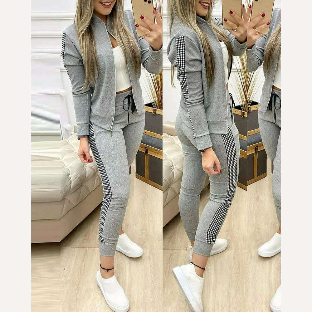 KIMLUD, Fashion Tracksuit 2 Piece Set Autumn Winter Zipper Jacket + Long Pants Sports Suit Female Sweatshirt Sportswear Suit For Woman, Gray / S, KIMLUD APPAREL - Womens Clothes