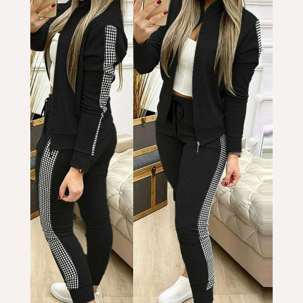 KIMLUD, Fashion Tracksuit 2 Piece Set Autumn Winter Zipper Jacket + Long Pants Sports Suit Female Sweatshirt Sportswear Suit For Woman, Black / S, KIMLUD APPAREL - Womens Clothes