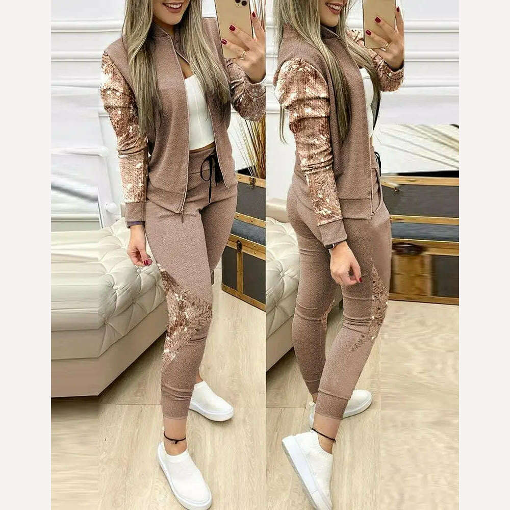 KIMLUD, Fashion Tracksuit 2 Piece Set Autumn Winter Zipper Jacket + Long Pants Sports Suit Female Sweatshirt Sportswear Suit For Woman, Auburn / S, KIMLUD APPAREL - Womens Clothes