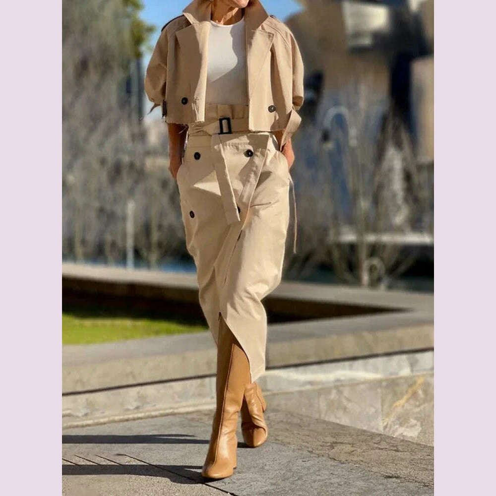 KIMLUD, Fashion Two Piece Sets Outfits Office Lady Tracksuit Street Wear Cargo Set Long Sleeve Jacket and Wrap High Split Skirts Suit, KIMLUD Womens Clothes