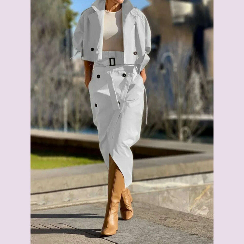 KIMLUD, Fashion Two Piece Sets Outfits Office Lady Tracksuit Street Wear Cargo Set Long Sleeve Jacket and Wrap High Split Skirts Suit, White / XXL, KIMLUD APPAREL - Womens Clothes