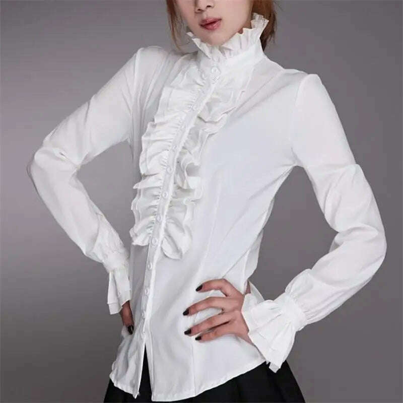 KIMLUD, Fashion Victorian Blouses Women OL Office Ladies White Shirt High Neck Frill Ruffle Cuffs Shirts Female Blouse, WHITE / S, KIMLUD APPAREL - Womens Clothes