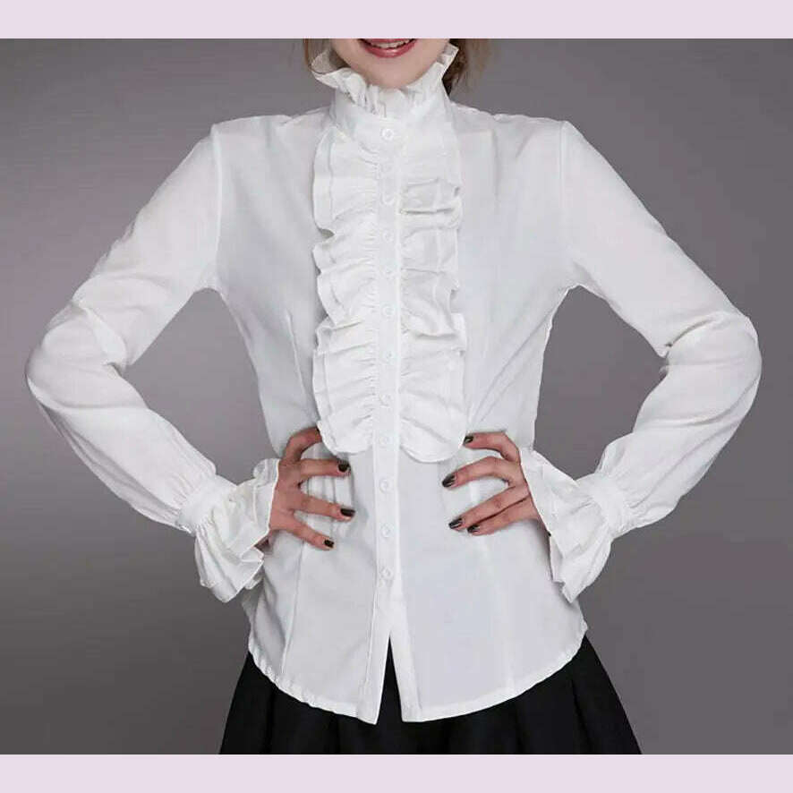 KIMLUD, Fashion Victorian Blouses Women OL Office Ladies White Shirt High Neck Frill Ruffle Cuffs Shirts Female Blouse, KIMLUD Womens Clothes