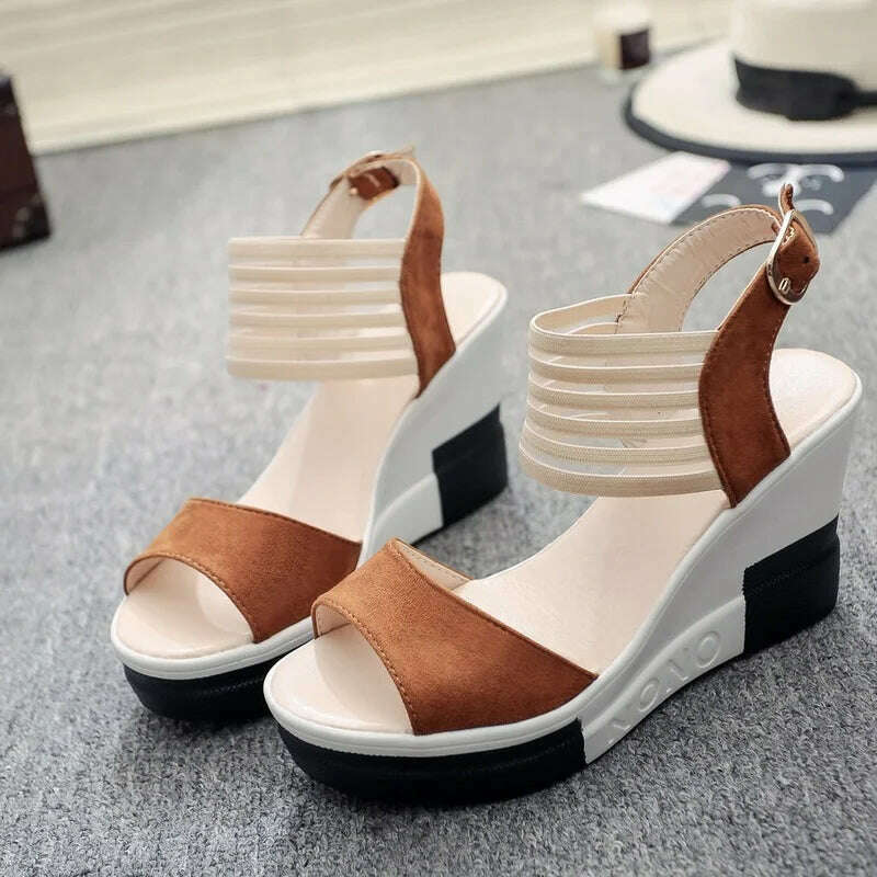 KIMLUD, Fashion Wedge Women Shoes Casual Belt Buckle High Heel Shoes Fish Mouth Sandals Luxury Summer New Fashion All-match Roman Style, KIMLUD Womens Clothes