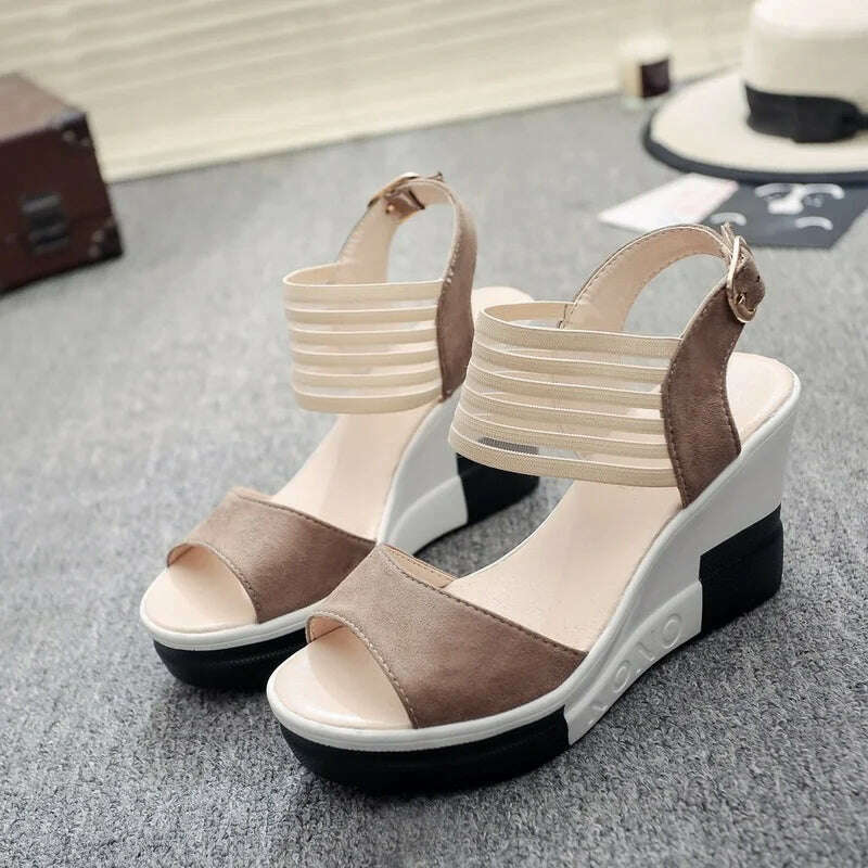 KIMLUD, Fashion Wedge Women Shoes Casual Belt Buckle High Heel Shoes Fish Mouth Sandals Luxury Summer New Fashion All-match Roman Style, KIMLUD Womens Clothes