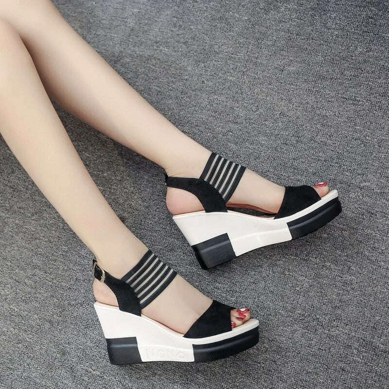 KIMLUD, Fashion Wedge Women Shoes Casual Belt Buckle High Heel Shoes Fish Mouth Sandals Luxury Summer New Fashion All-match Roman Style, KIMLUD Womens Clothes