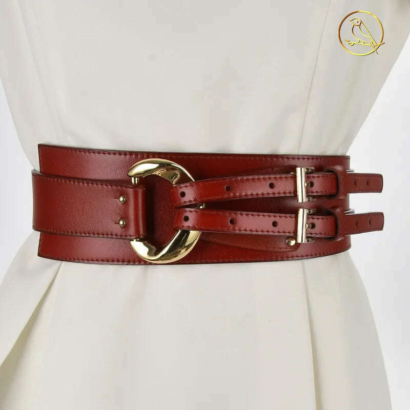 KIMLUD, Fashion Wide Cowskin Cummerbund Women's Cummerbunds Knot Real Leather Waistbands For Dress Decorate Waist Belt Coat Accessorie, KIMLUD Womens Clothes