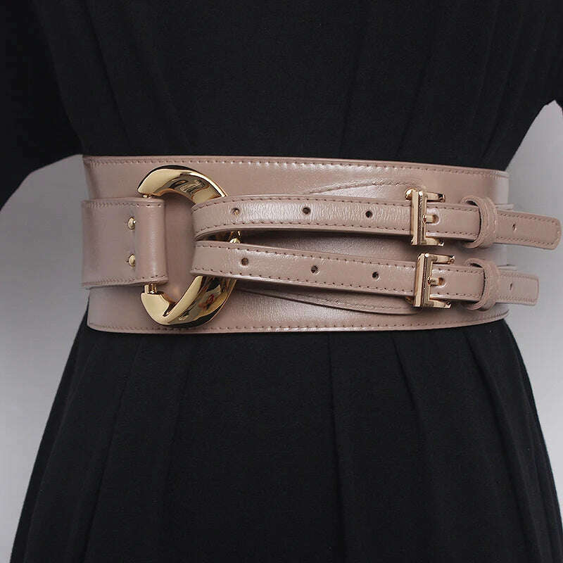 KIMLUD, Fashion Wide Cowskin Cummerbund Women's Cummerbunds Knot Real Leather Waistbands For Dress Decorate Waist Belt Coat Accessorie, KIMLUD Womens Clothes