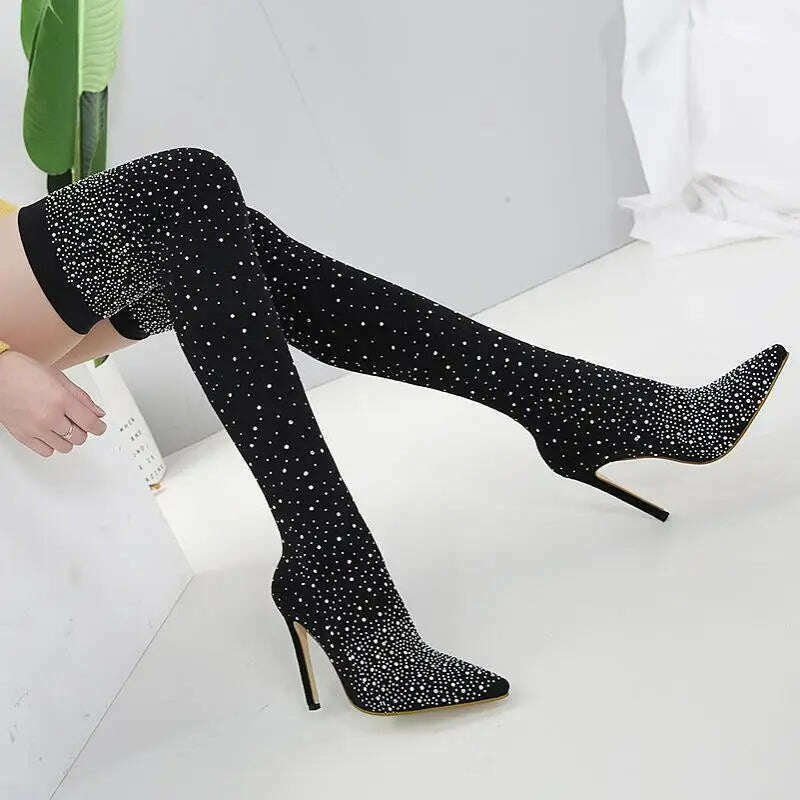 Fashion Women Boots 12CM Thin High Heels Pointed Toe Slip-On Over-the-Knee British Style Korean Style Sock Boots Womens Shoes - KIMLUD