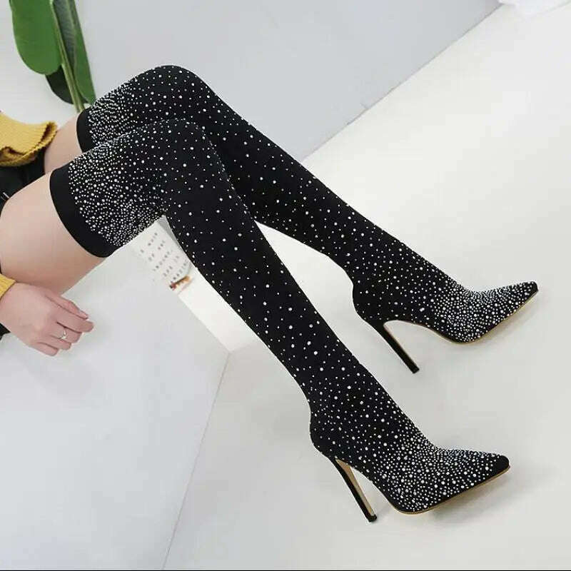 Fashion Women Boots 12CM Thin High Heels Pointed Toe Slip-On Over-the-Knee British Style Korean Style Sock Boots Womens Shoes - KIMLUD