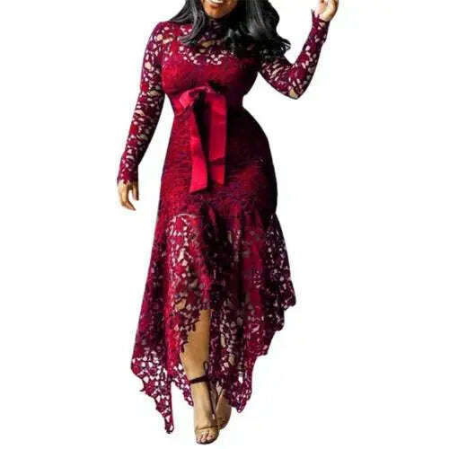 KIMLUD, Fashion Women Dress Long Sleeve Bow Belted Irregular Hem Hollow Lace Sexy Bodycon Long Dresses Office Formal Dresses, Wine Red / XXXXL / United States, KIMLUD APPAREL - Womens Clothes