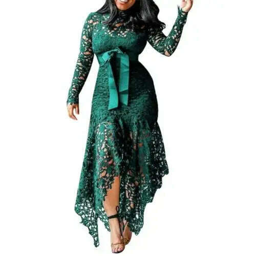 KIMLUD, Fashion Women Dress Long Sleeve Bow Belted Irregular Hem Hollow Lace Sexy Bodycon Long Dresses Office Formal Dresses, Green / XXXXL / United States, KIMLUD APPAREL - Womens Clothes