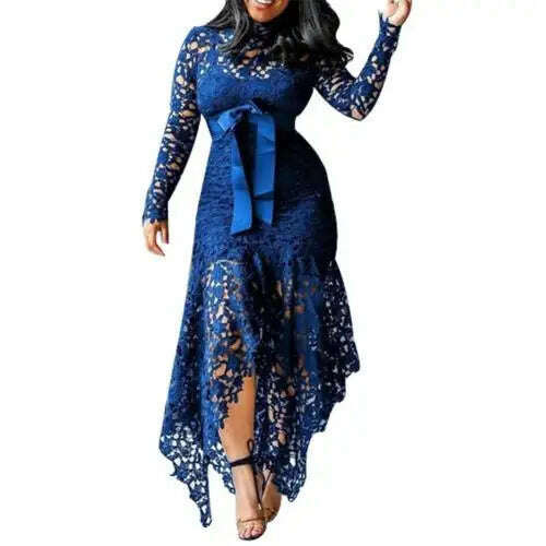 KIMLUD, Fashion Women Dress Long Sleeve Bow Belted Irregular Hem Hollow Lace Sexy Bodycon Long Dresses Office Formal Dresses, Blue / XXXXL / United States, KIMLUD APPAREL - Womens Clothes