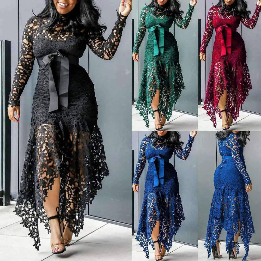 Fashion Women Dress Long Sleeve Bow Belted Irregular Hem Hollow Lace Sexy Bodycon Long Dresses Office Formal Dresses - KIMLUD