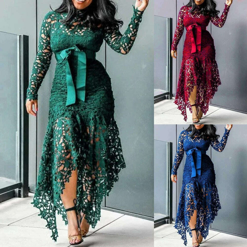 Fashion Women Dress Long Sleeve Bow Belted Irregular Hem Hollow Lace Sexy Bodycon Long Dresses Office Formal Dresses - KIMLUD