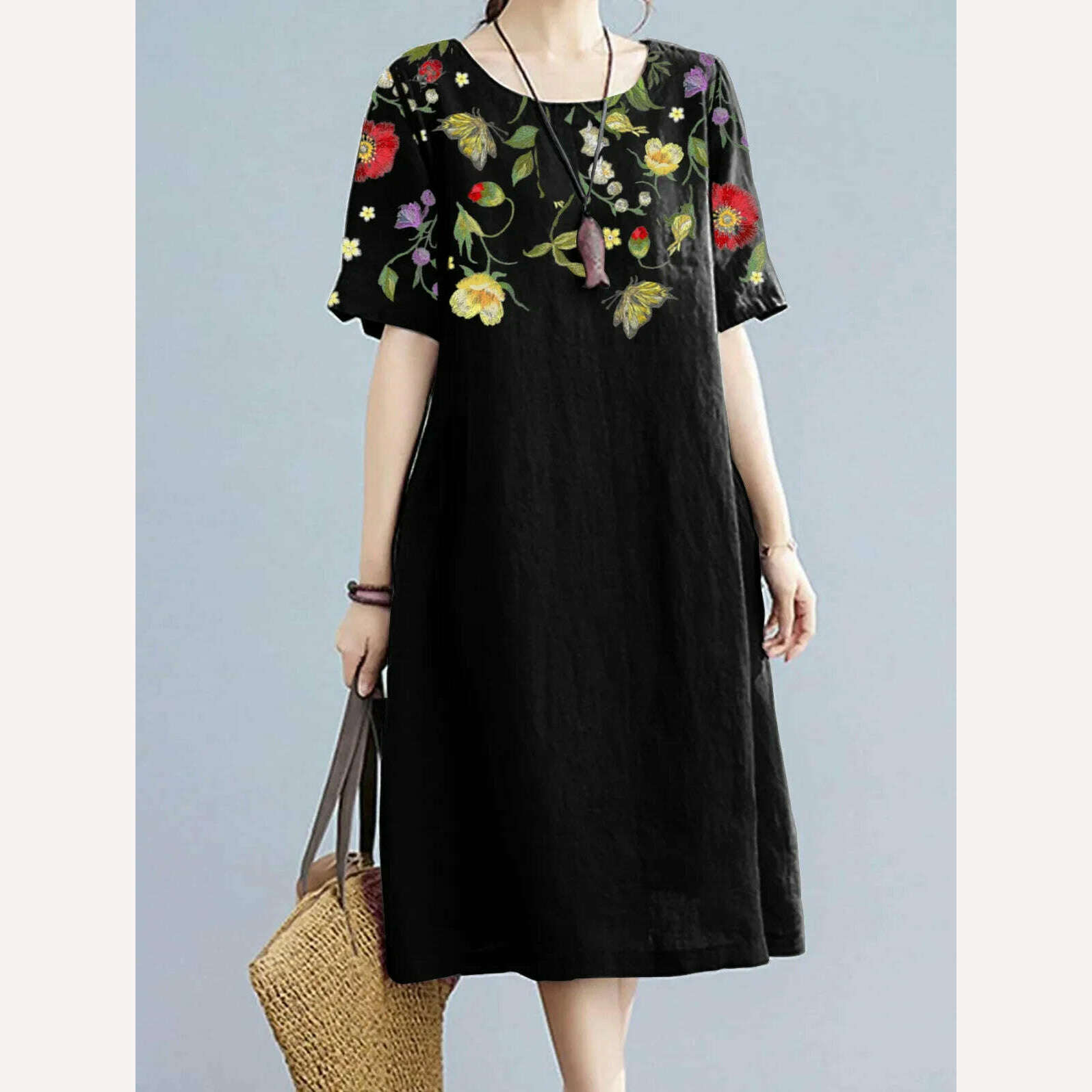 KIMLUD, Fashion Women Floral Print Dress Summer Short Sleeve Midi Dress Vestidos 2023 Elegant Casual Loose Dress Woman's Clothing, Black / M / CHINA, KIMLUD APPAREL - Womens Clothes