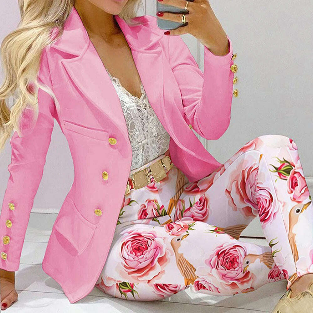 Fashion Women Jacket + Pants 2 Piece Set Spring New Button Long Sleeve Turn-down Collar Print Suit Casual Blazer Versatile Set - KIMLUD