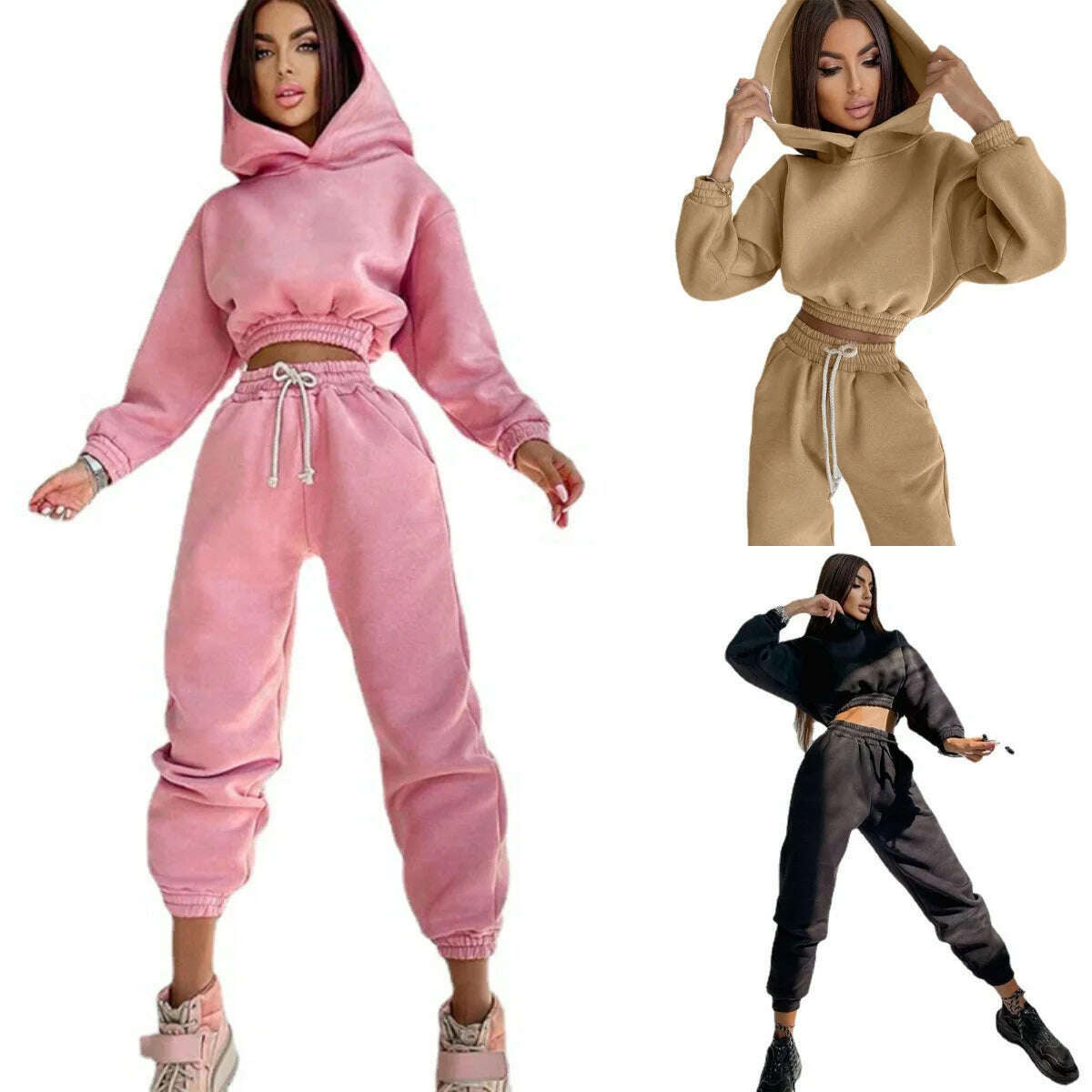 KIMLUD, Fashion Women's Clothes Solid Color Casual Hooded Short Hoodie Girdling Drawstring Sweatpants Suit 2 Piece Sets Women Outfit, KIMLUD Womens Clothes