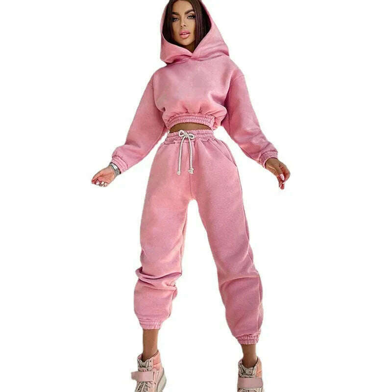 KIMLUD, Fashion Women's Clothes Solid Color Casual Hooded Short Hoodie Girdling Drawstring Sweatpants Suit 2 Piece Sets Women Outfit, Pink / S / CHINA, KIMLUD APPAREL - Womens Clothes