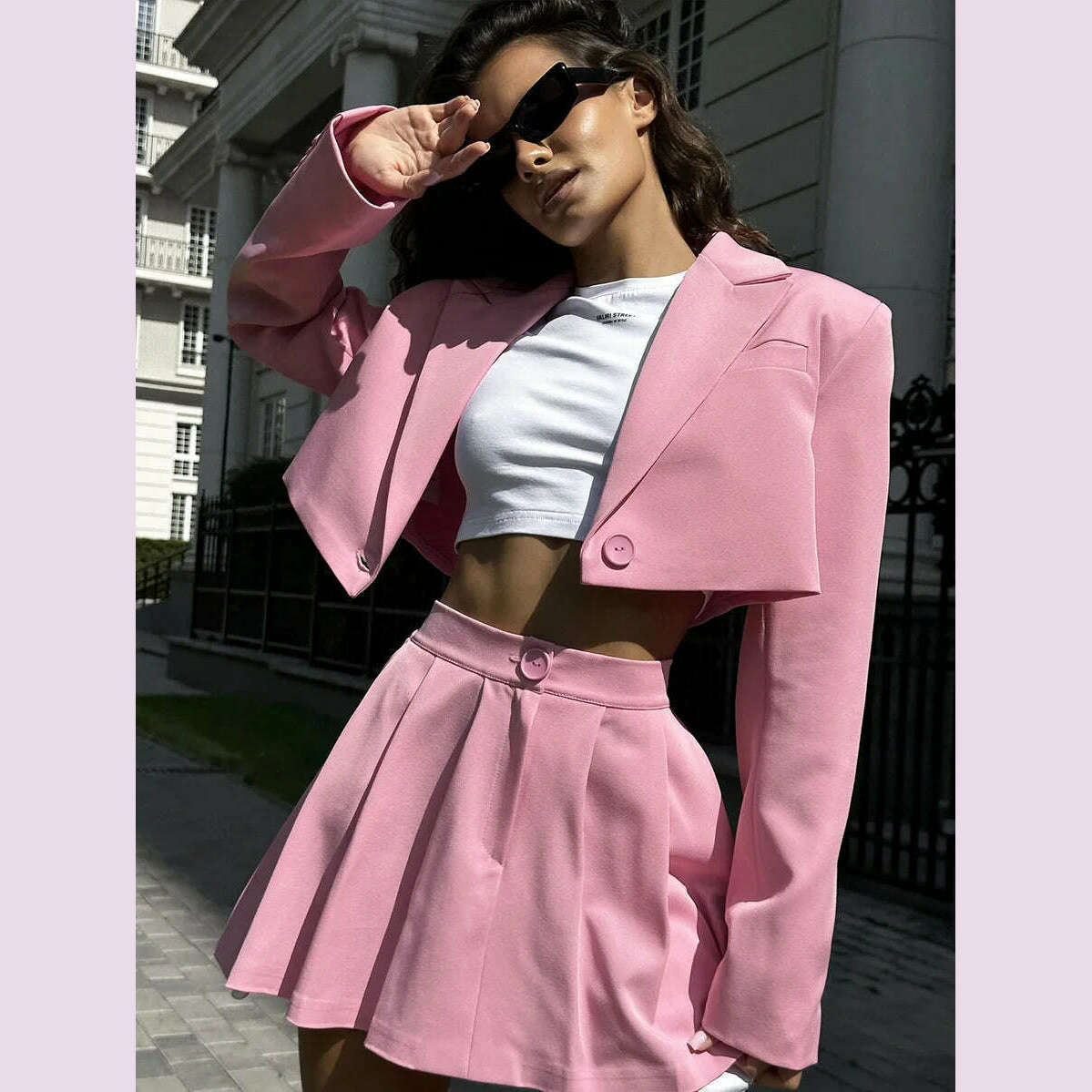 KIMLUD, Fashion Women's Suit Shoulder Flip Collar Small Suit And Ultra Short Skirt Suit Set 2024 Spring Y2k Two 2 Piece Dress Sets, Pink / S, KIMLUD APPAREL - Womens Clothes